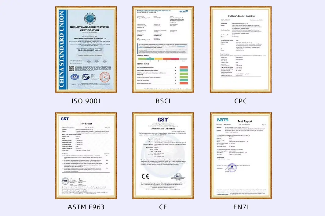 WisePlush certificate display including ISO 9001 BSCI CPC ASTM F963 CE and EN71 documents