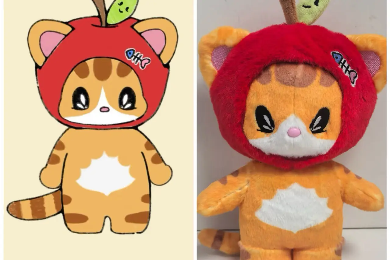 cat character plush wearing red apple hood beside drawing