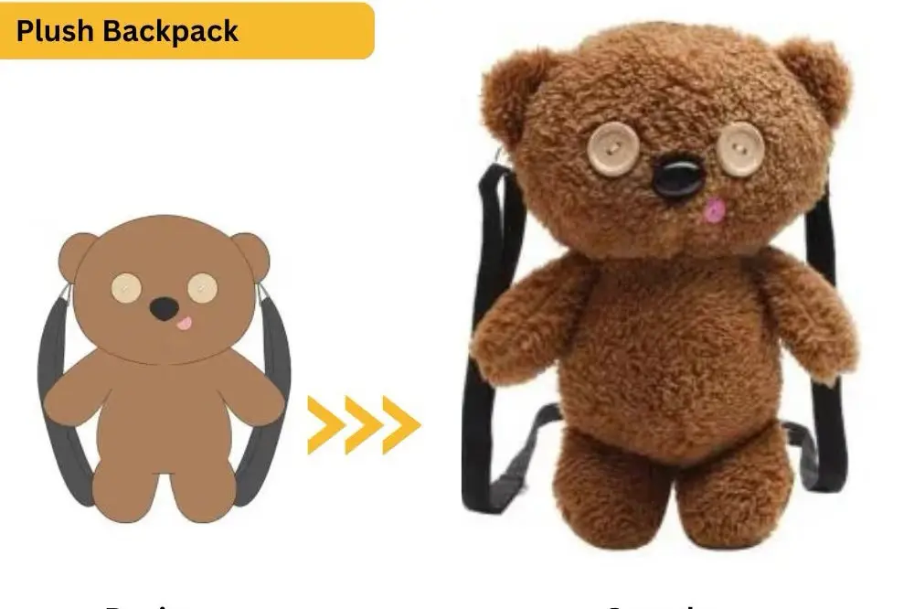 brown bear plush backpack with button eyes and shoulder straps