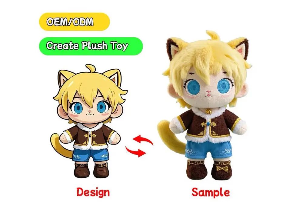 anime cat boy plush sample with blond hair ears tail and detailed outfit