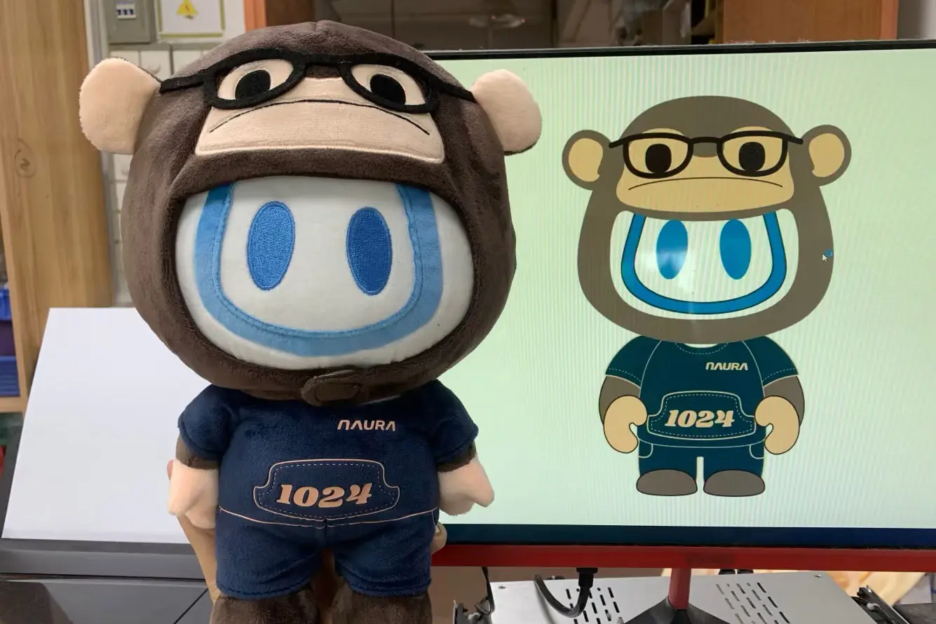 custom character plush wearing glasses helmet and dark outfit beside artwork