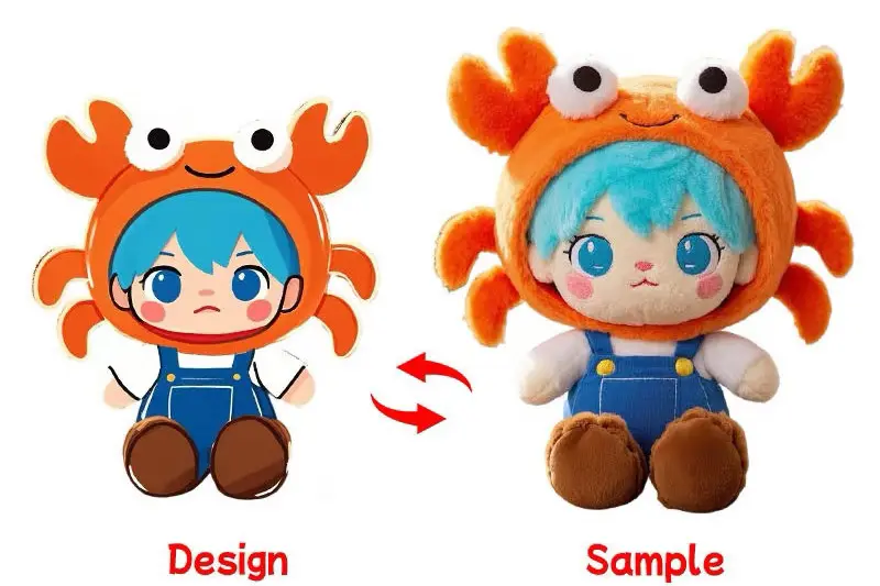 blue hair character plush wearing orange crab hood