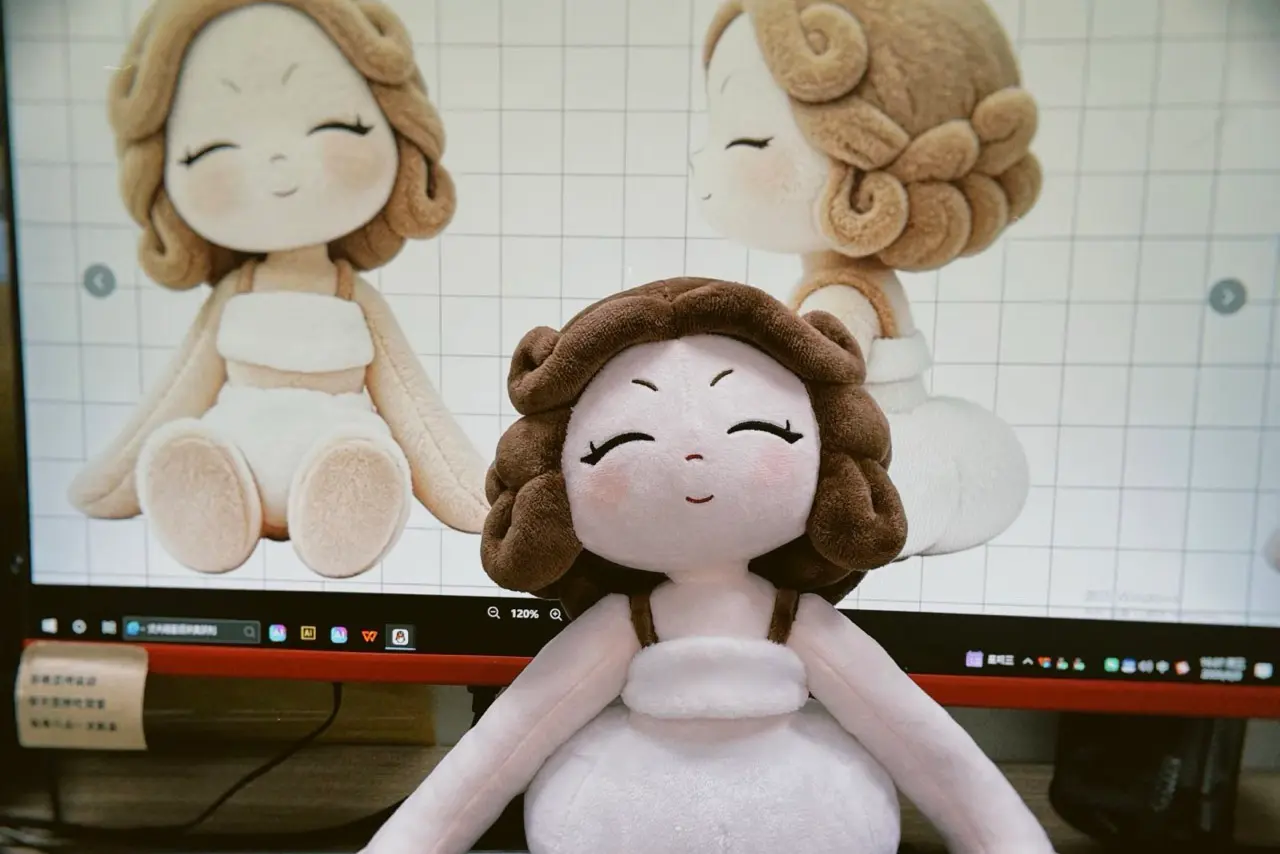 soft doll sample with curled plush hair beside front and side reference views
