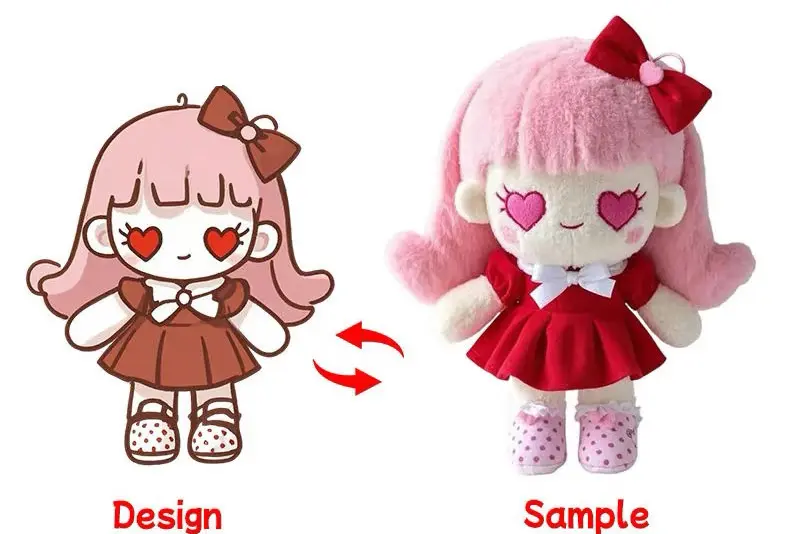 pink hair plush doll with heart eyes red bow and dress