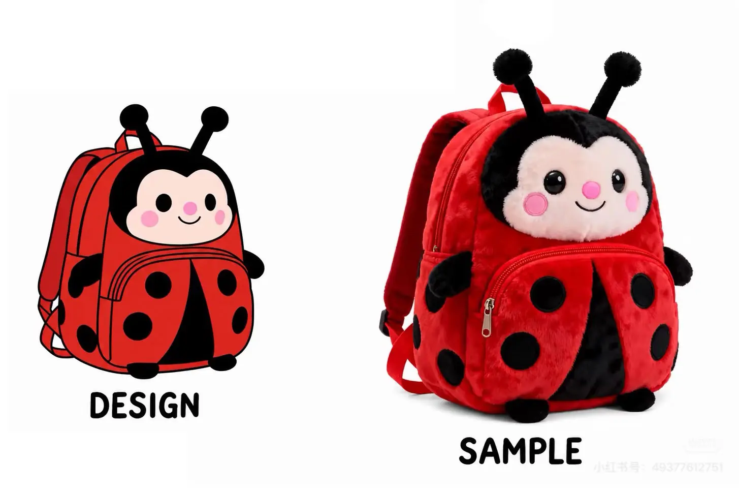 ladybug plush backpack sample with zipper pocket and shoulder straps