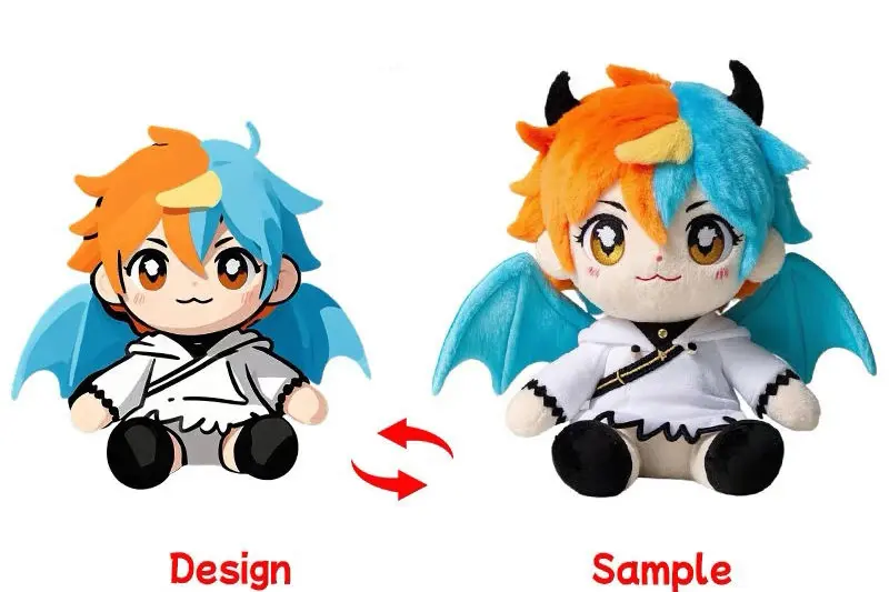 orange and blue winged anime plush sample beside product drawing