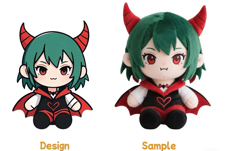 green hair anime plush doll with red horns and cape beside artwork