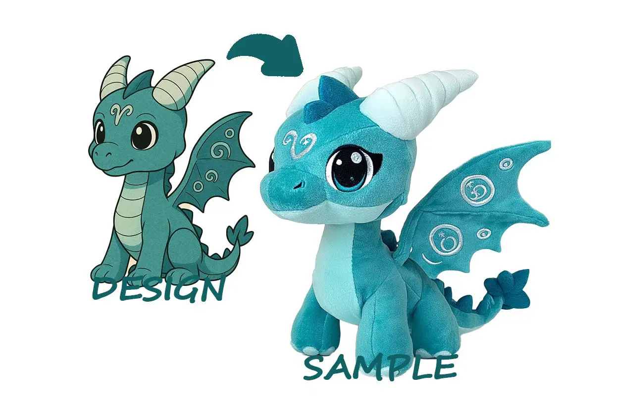 teal dragon plush with horn wings and embroidered wing patterns