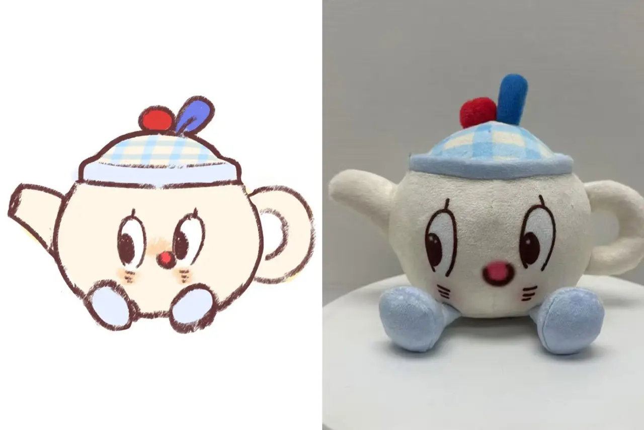 teapot shaped plush sample made from hand drawn sketch
