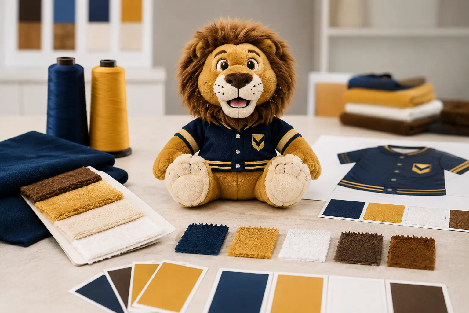 Lion mascot plush with brand color swatches, fabric samples, and uniform artwork