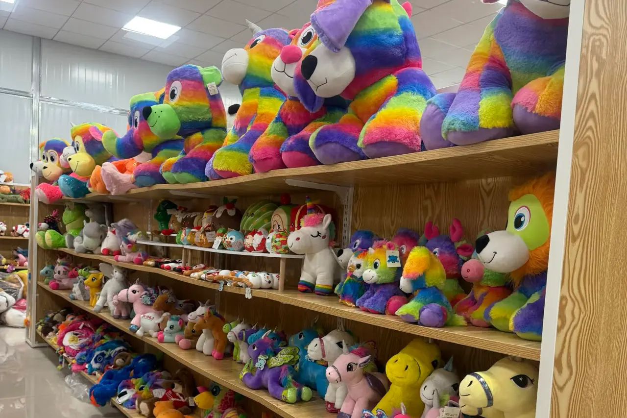 Mascot plush sample shelf with rainbow bears, unicorns, and custom character samples