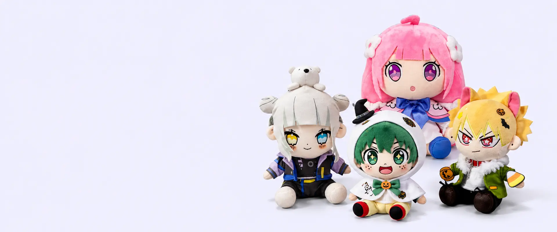 Anime character plush doll samples with detailed faces, hair, outfits, and accessories
