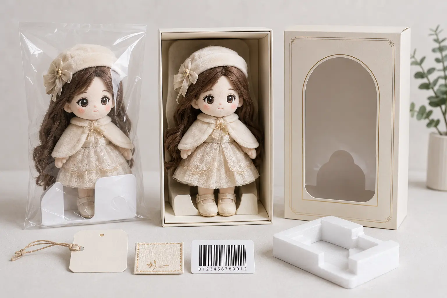 Boxed plush doll retail packaging with clear bag, barcode label, hang tag, and foam insert