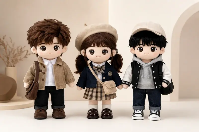 Three plush doll samples with detailed outfits, hats, bags, shoes, and accessories