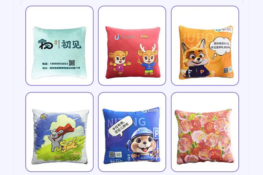 Printed square pillow style samples with cartoon and logo designs