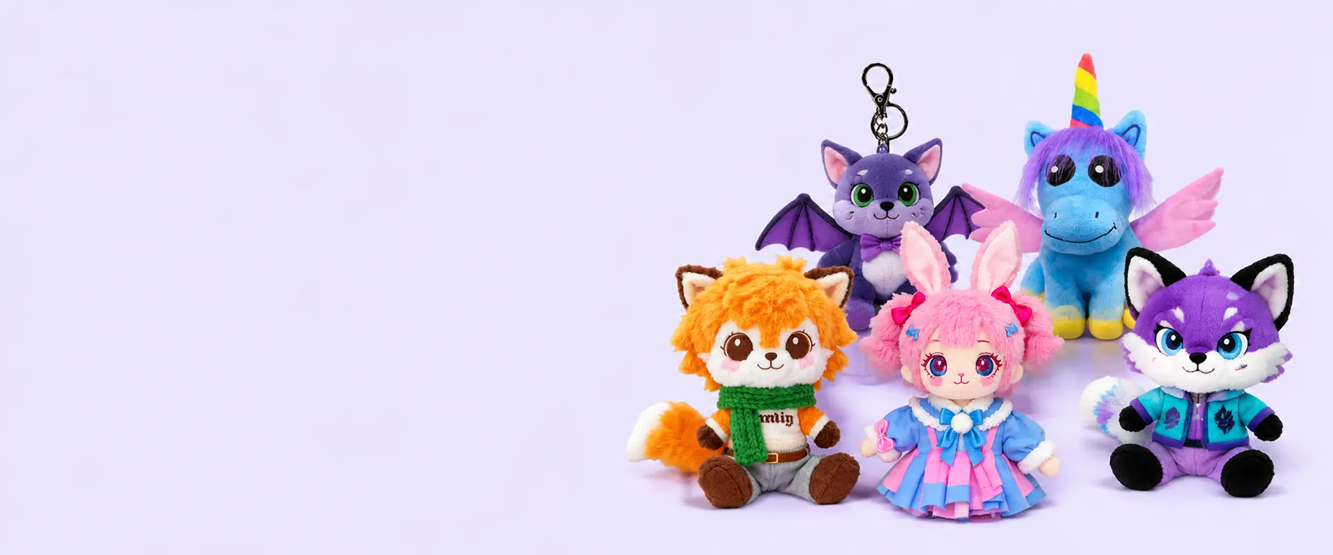Cartoon character custom plush toy samples including fox, rabbit, cat, and unicorn designs
