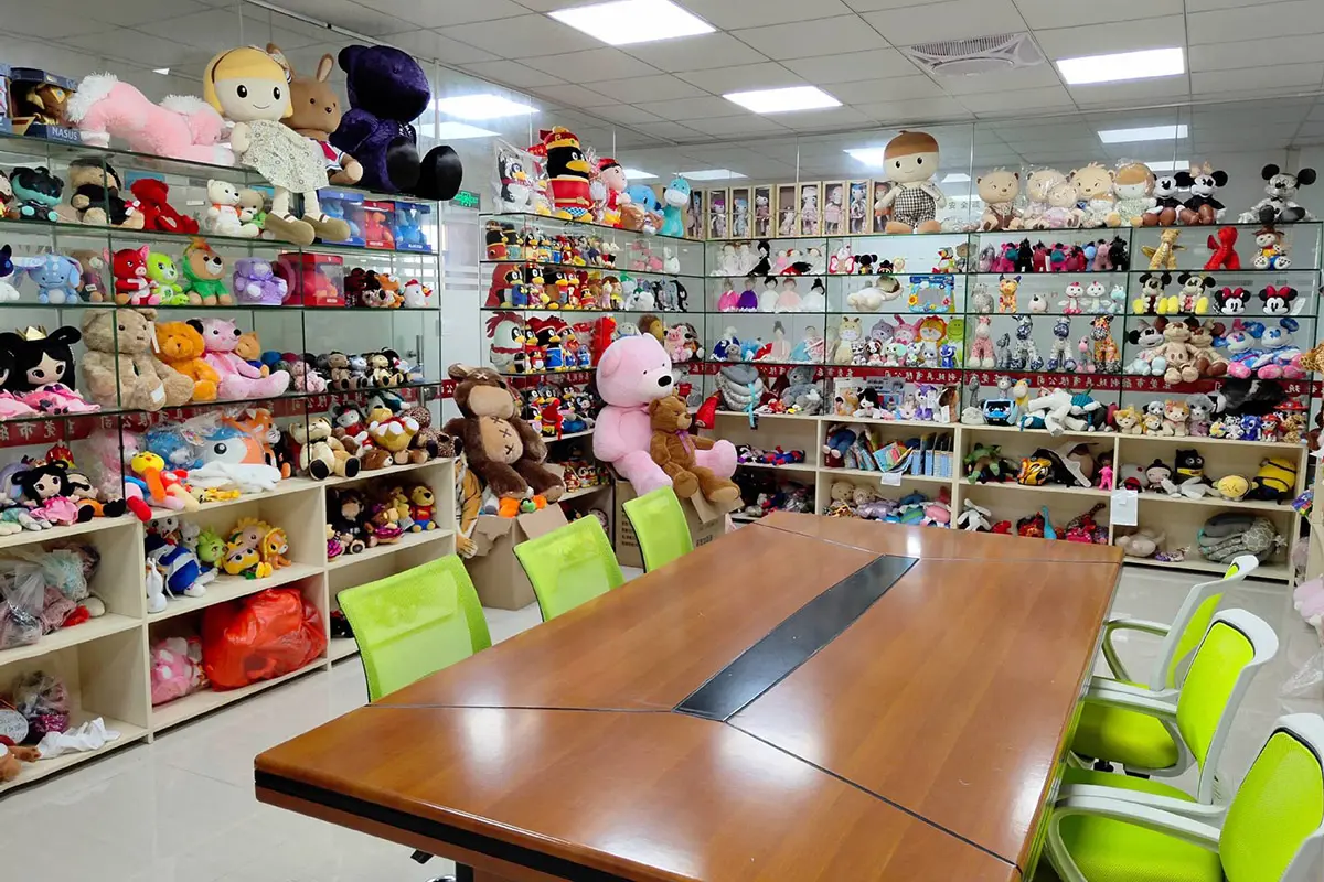 Custom plush toy sample room with shelves of finished plush samples