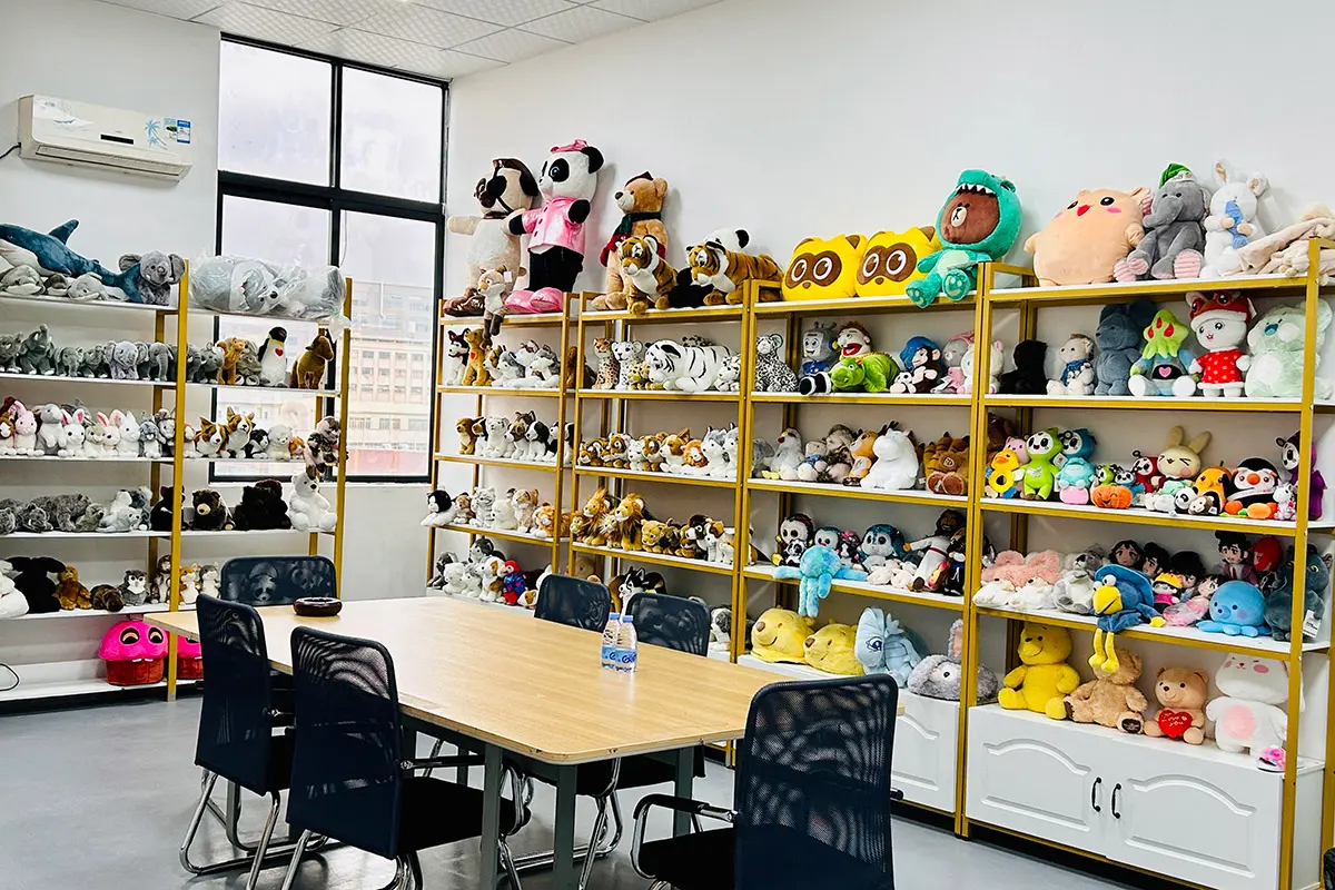 Animal plush sample room with shelves of custom stuffed animal samples