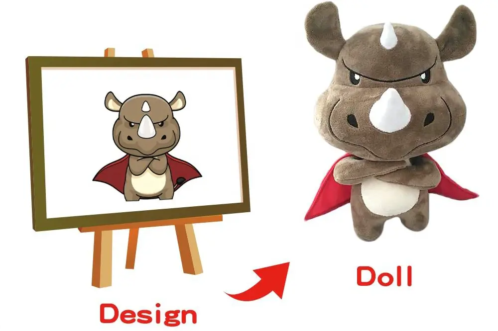 Rhino character artwork converted into a custom stuffed animal plush sample