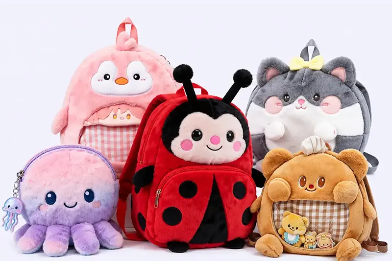 Plush backpack and bag samples