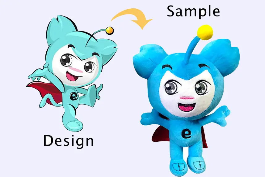 Blue mascot artwork converted into an embroidered custom plush sample