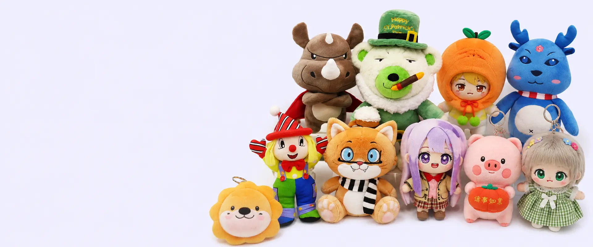 Custom plush toy sample group with mascot plush dolls character plush and plush keychains