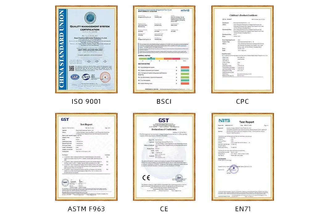 WisePlush certificate display including ISO 9001 BSCI CPC ASTM F963 CE and EN71 documents