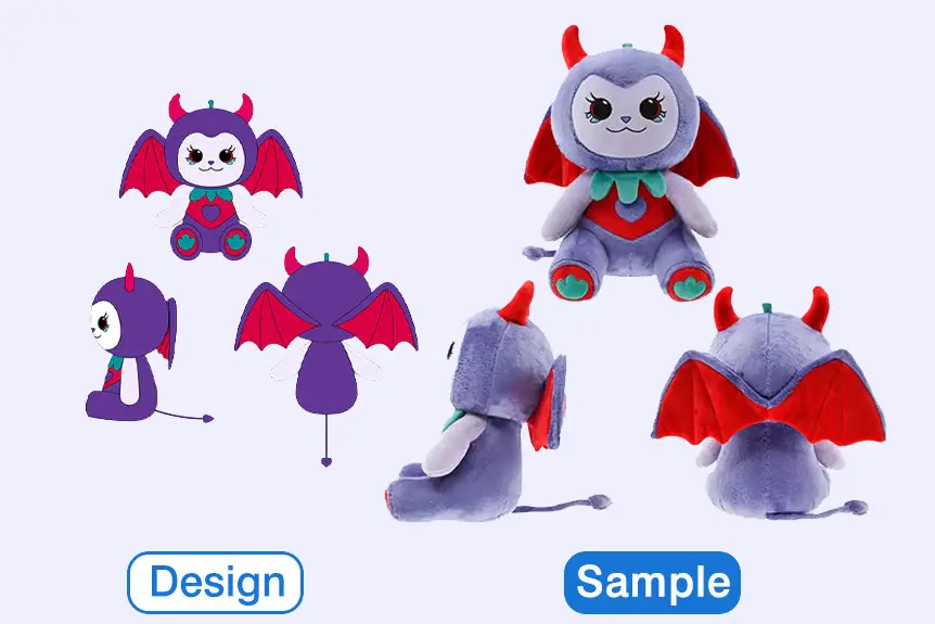Purple bat character design turned into a custom plush toy sample