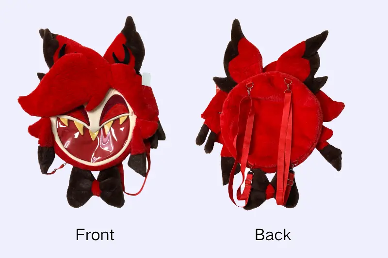 Red character plush backpack shown from the front and back