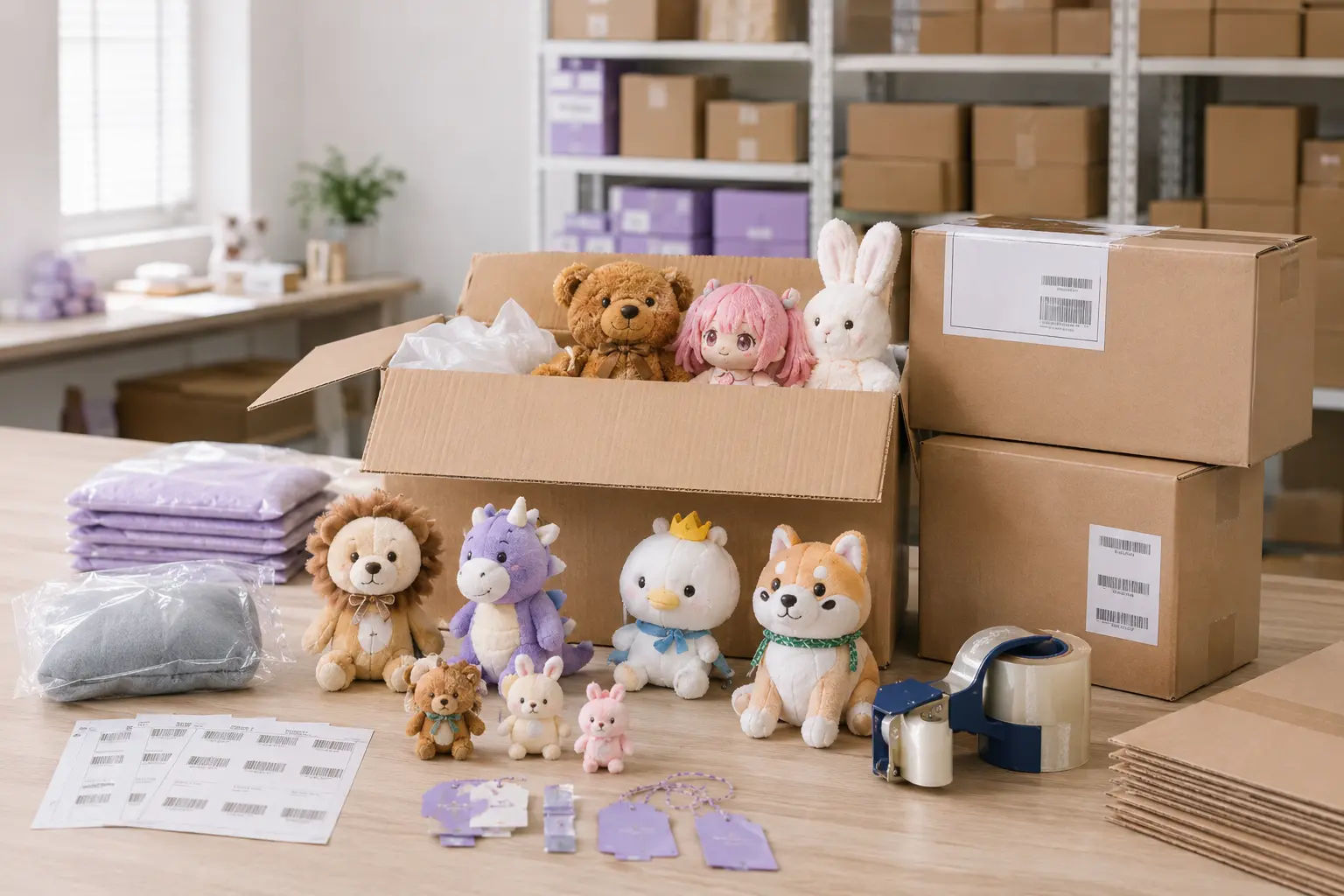Custom plush carton packing labels and warehouse shipping preparation