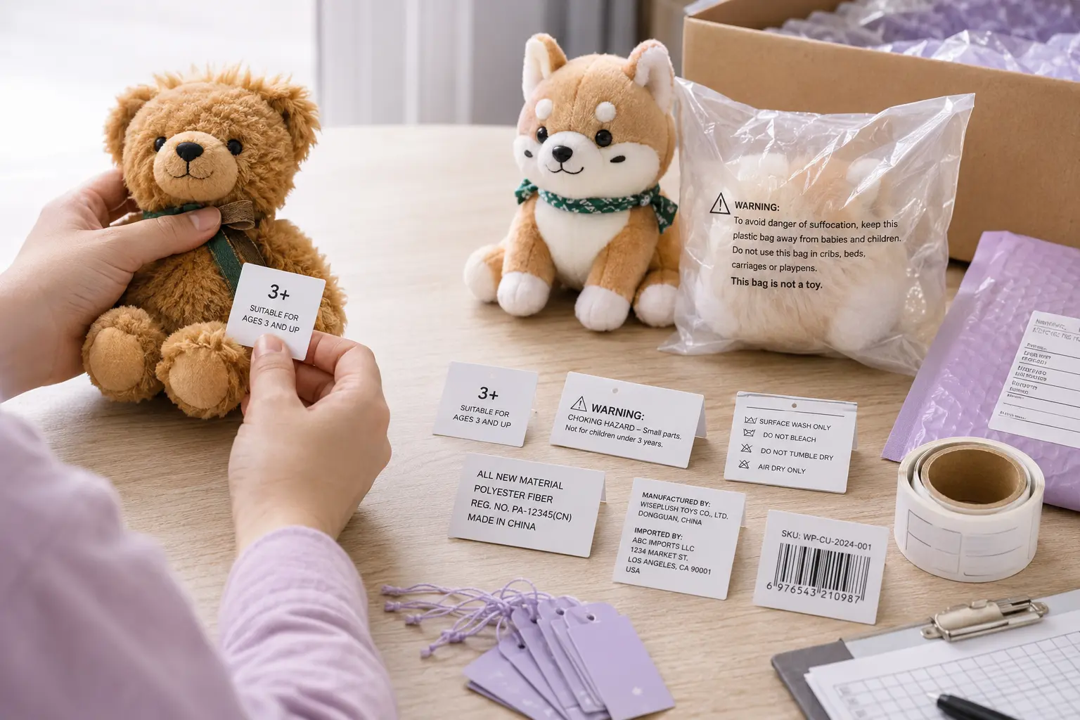 Custom plush EU label and plastic bag warning text review