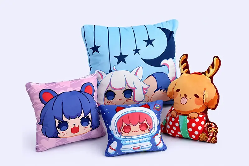 Custom plush pillow samples with character pillow and dog pillow designs