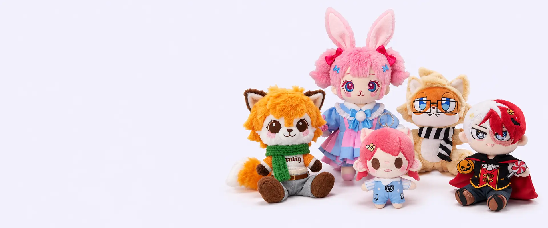 Group of custom character plush toy samples with animal and anime designs