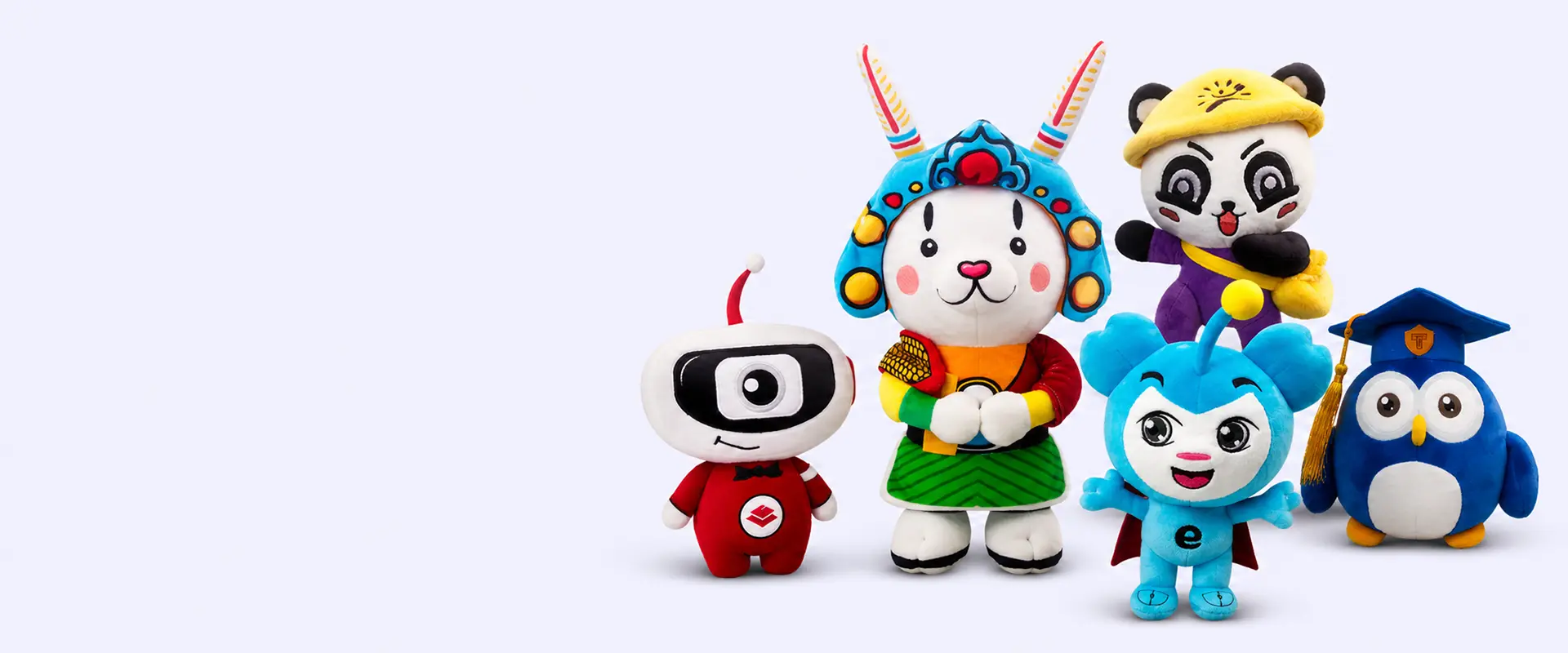 Brand, school, team, and event mascot plush samples with character outfits