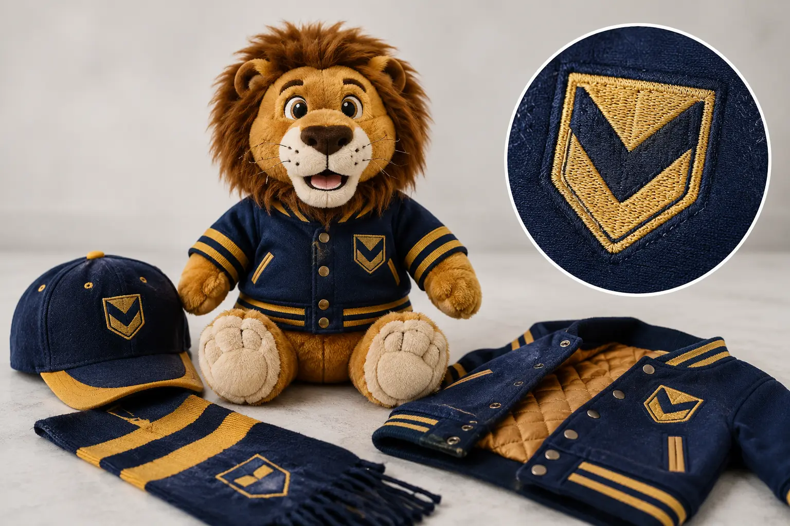 Lion mascot plush with embroidered uniform logo, cap, scarf, and costume details