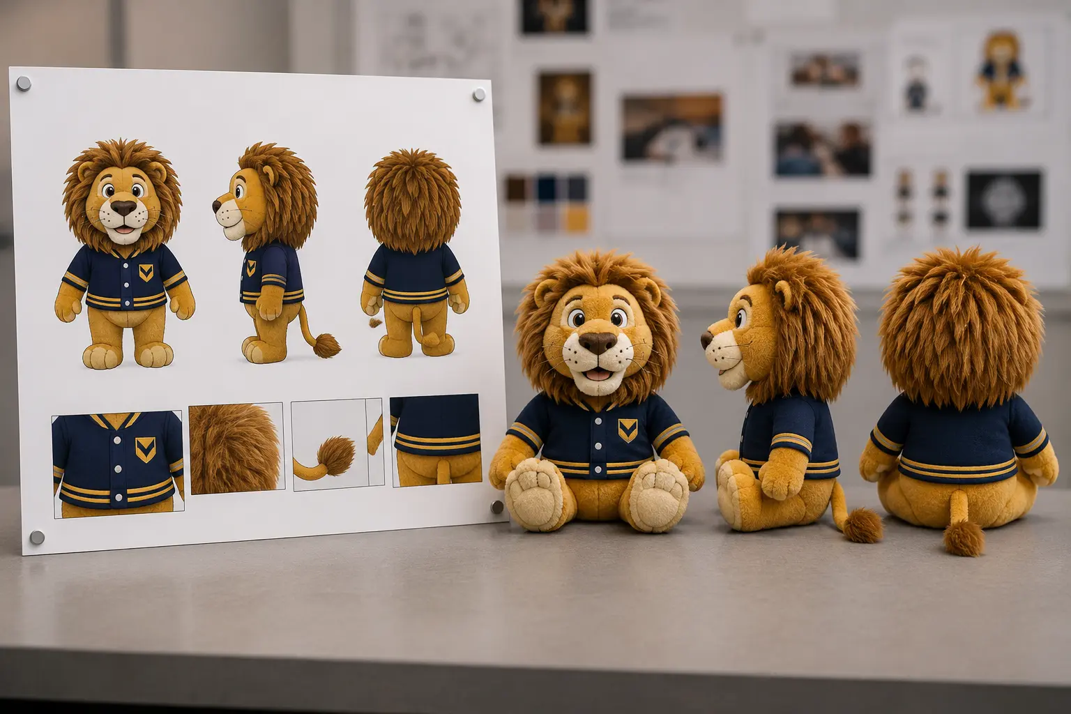 Lion mascot plush sample shown with front, side, and back artwork views