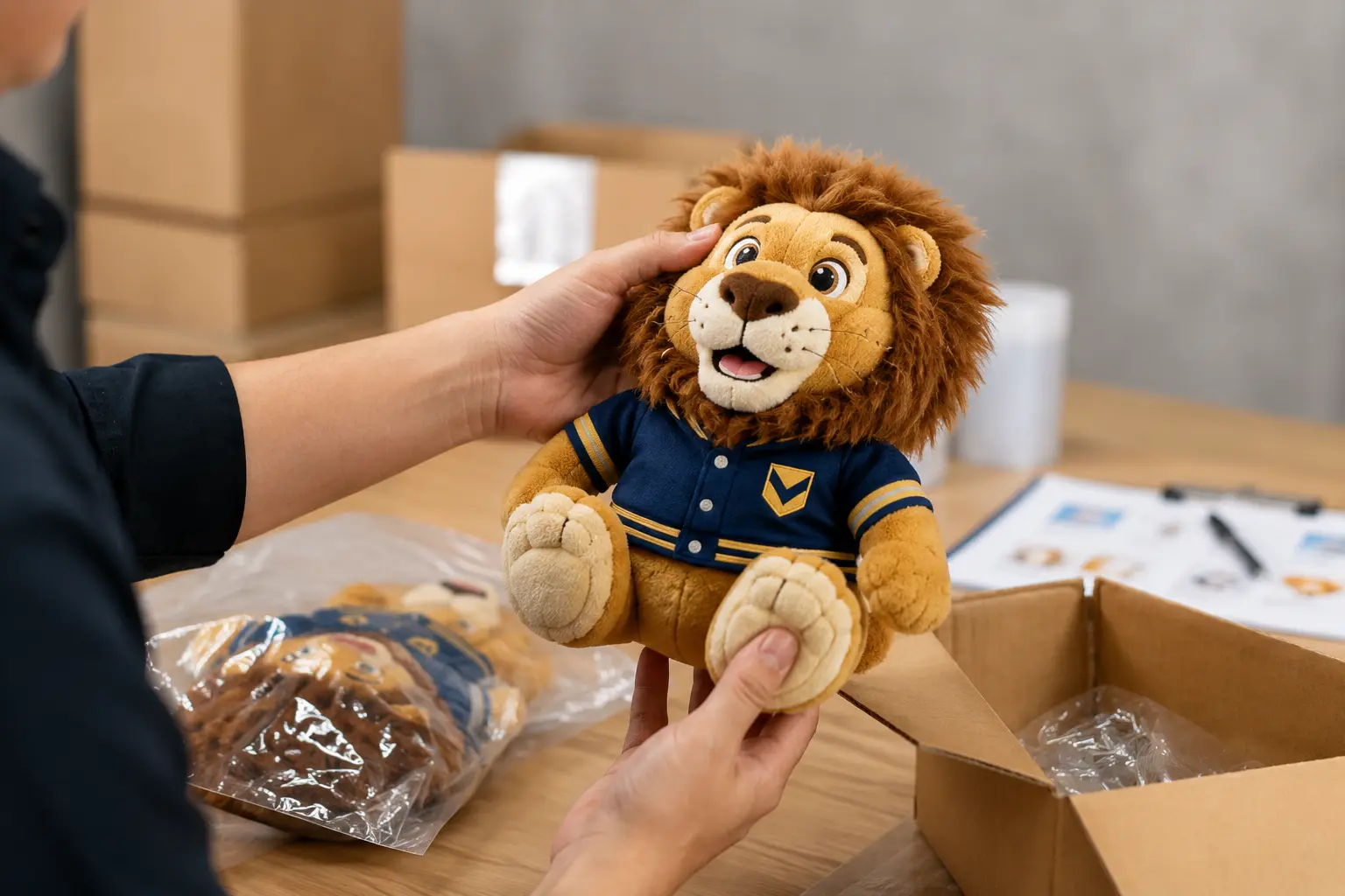 Lion mascot plush logo and shape check before packing in a carton