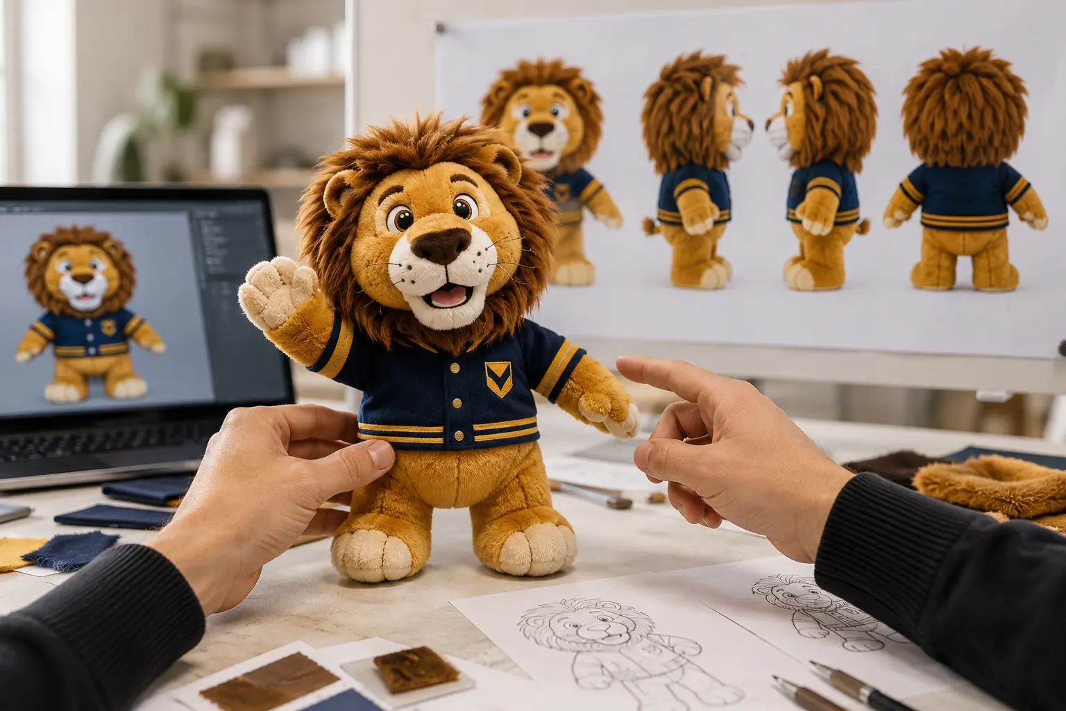 Lion mascot plush pose and expression review with artwork and fabric references
