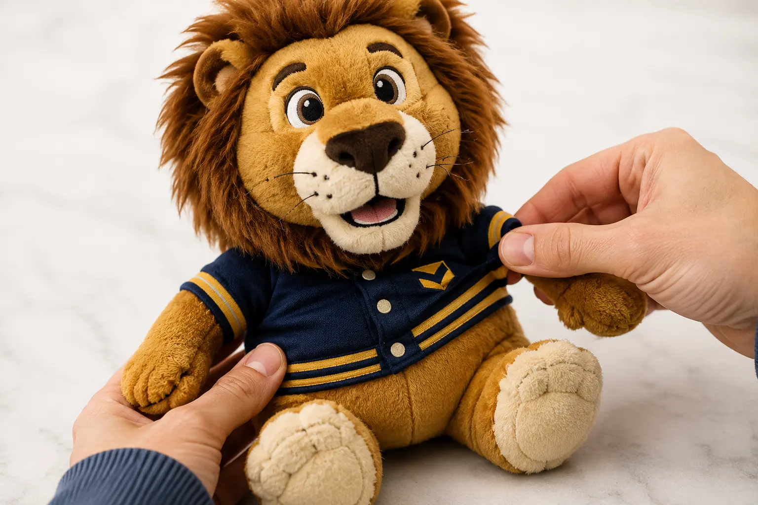 Hand checking small uniform and logo details on a lion mascot plush sample