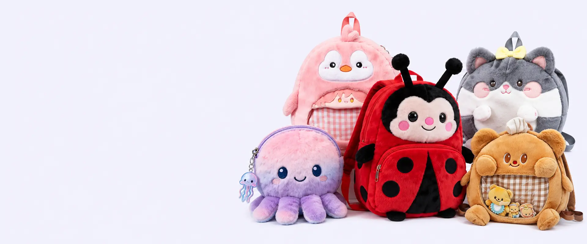 Custom plush backpack and character bag samples with zippers straps and soft shapes