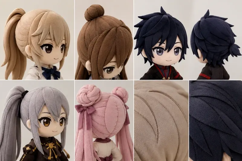 Anime plush doll hair style samples showing layered fabric hair from front, side, and back