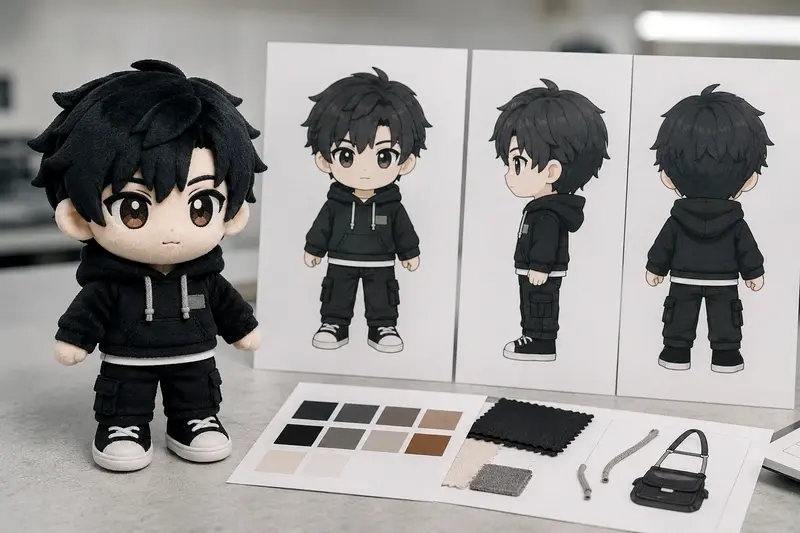 Black outfit boy plush doll sample with front, side, and back artwork views