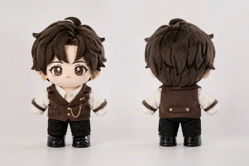 Brown hair plush doll front and back views for body proportion review