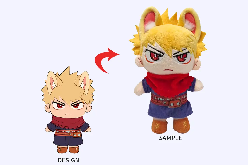 Fox ear character artwork converted into a custom plush doll sample