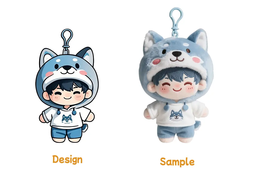Blue dog hood character plush keychain design compared with finished sample