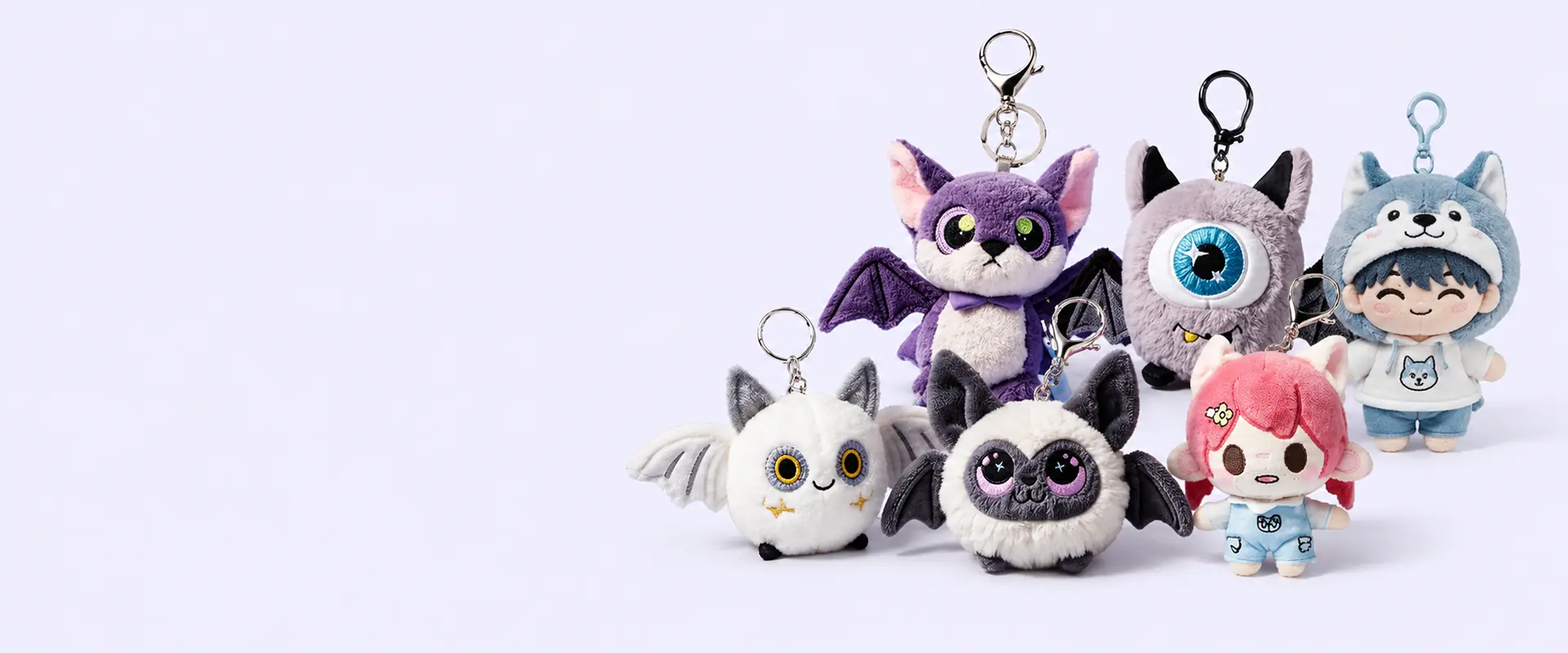 Custom plush keychain samples with metal rings clips and animal character designs