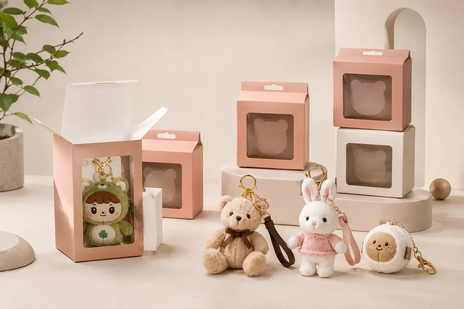 Plush keychain gift box packaging display with pink boxes and sample keychains
