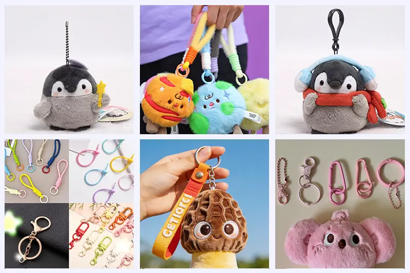 Plush keychain hardware collage with ball chains cord loops clips rings and straps