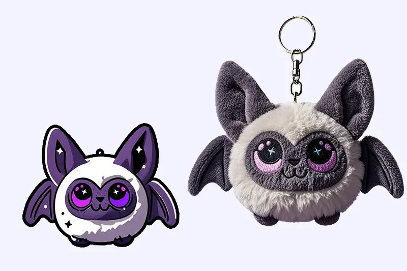 Purple bat plush keychain design compared with embroidered finished sample