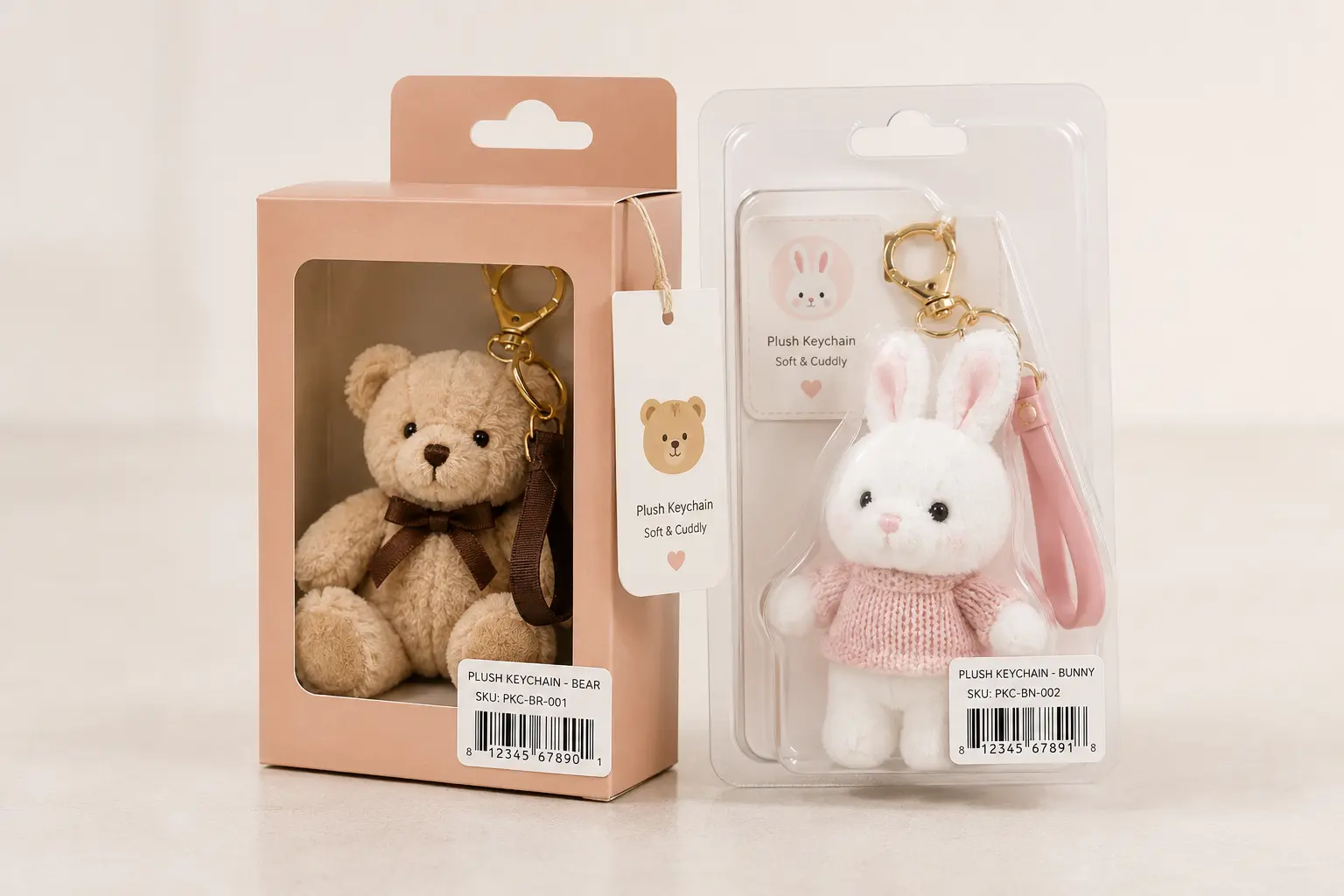 Teddy bear and bunny plush keychains in retail packaging with barcode labels
